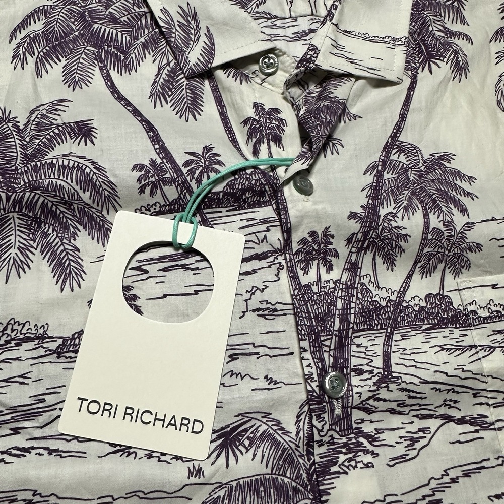 Tori Richard 2XL Aloha Shirt Cotton Coastal Engraving Purple Palm Tree Scenic - Picture 4 of 11